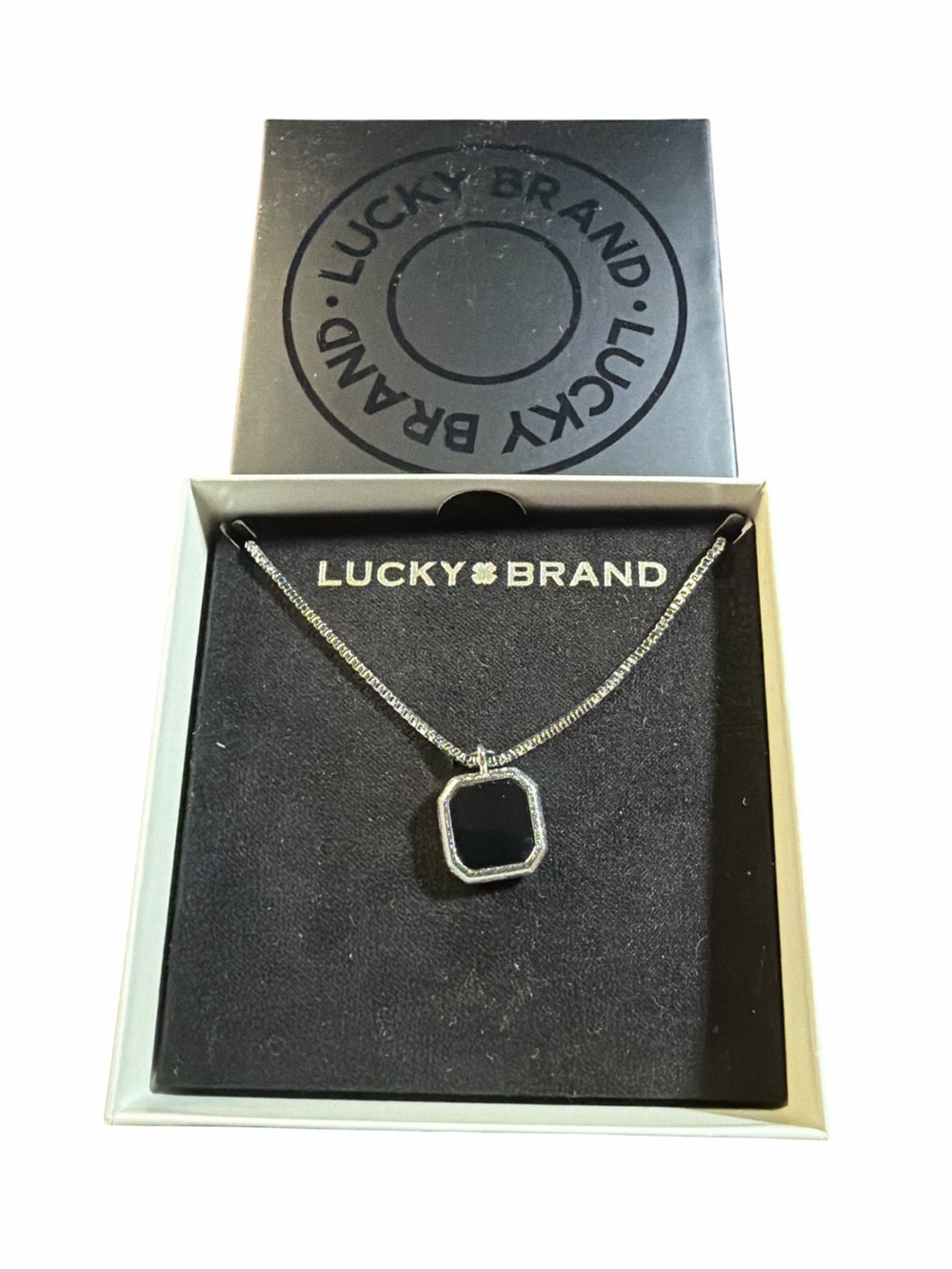 NIB Lucky Brand Black Onyx-Style Pendant Necklace - Silver Tone Box Chain